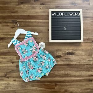 NWT Wildflowers La La Land Graceful Bubble Romper Blue Pink Floral Sleeveless 2